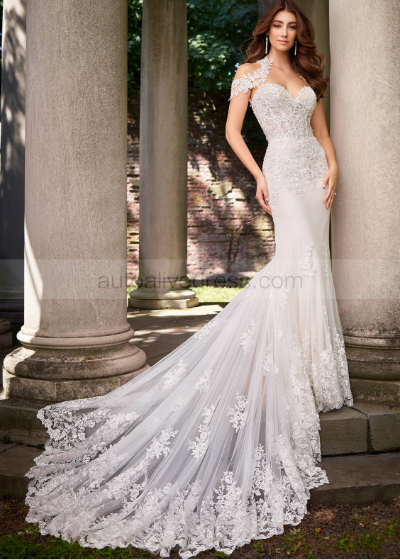 Strapless Beaded Ivory Lace Tulle Romantic Wedding Dress
